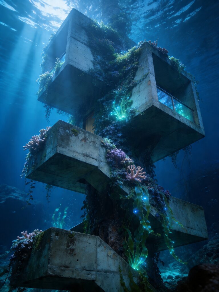 Brutalist structure reimagined as underwater ruin