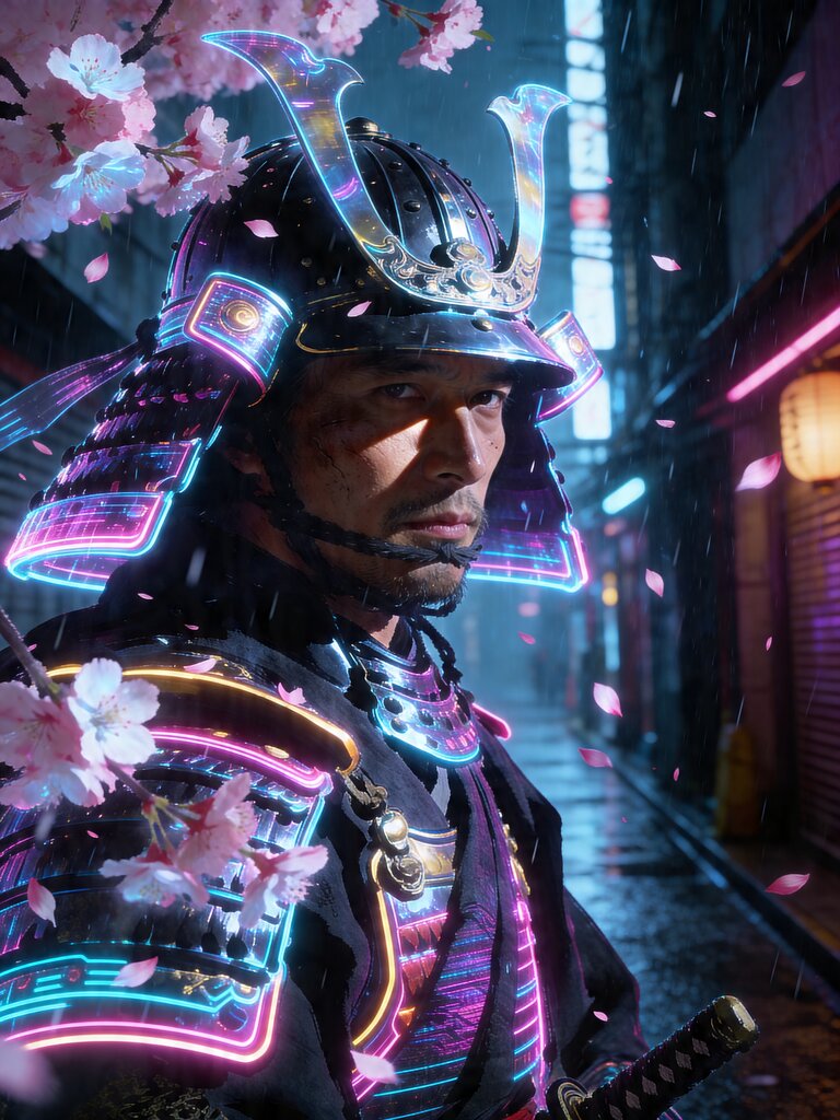 Samurai transformed into cyberpunk ronin